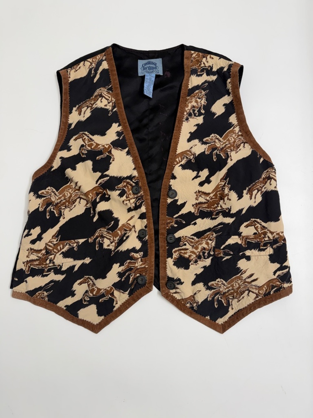 Vintage Horse Print Silk Vest Western Equestrian Suede Trim Boho L